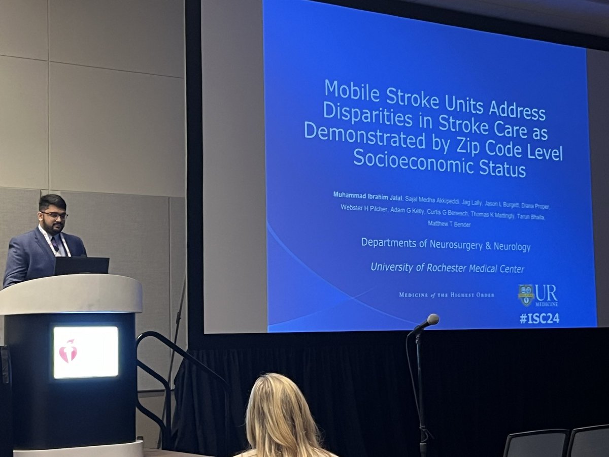 mtbendermd's tweet image. In Rochester, mobile stroke unit serves a population with lower socioeconomic status than traditional 🚑. Great to work closely with a program that addresses care disparities. 📸 @_ibrahimjalal presenting at #ISC24 @StrokeAHA_ASA