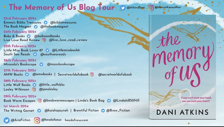 I’m really looking forward to sharing my thoughts on #TheMemoryOfUs by @AtkinsDani on Monday 💕

Many thanks to @AriaFiction and @soph_ransompr for my spot on the tour