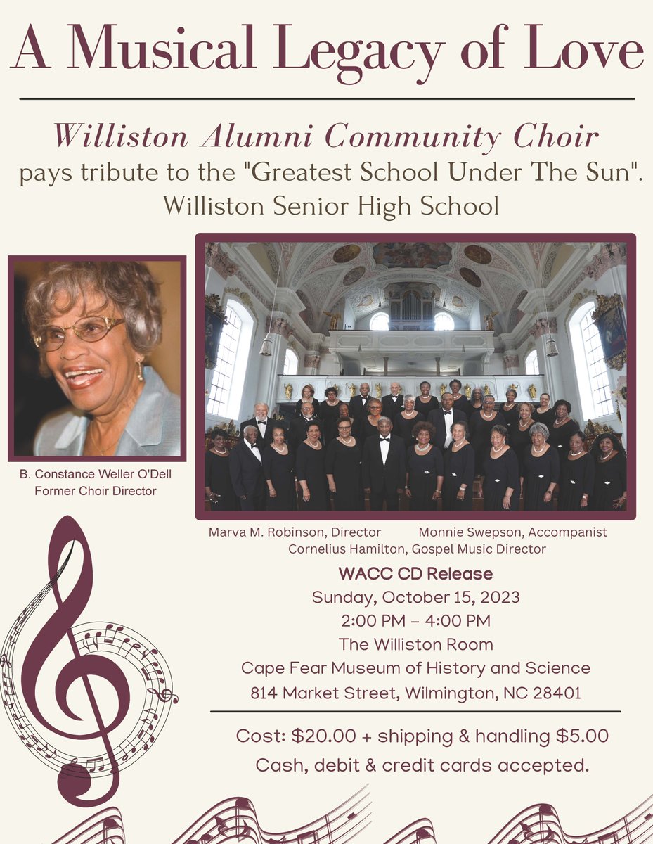 capefearmuseum's tweet photo. Williston Senior High School was closed in 1968 &amp; its students were divided &amp; sent to @NewHanoverHS  or @HoggardHS. In the 1980s, alumni came together and formed the Williston Alumni Choral Ensemble, with O’Dell once more at the helm.  The choir is still active today. https://t.co/GVwsehPGsL