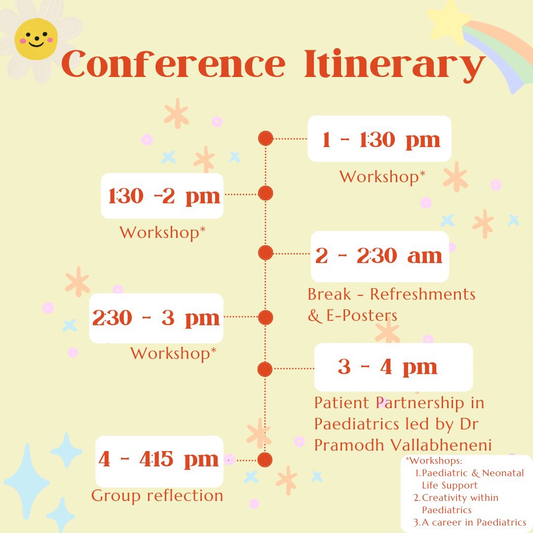✨WELSH NATIONAL PAEDIATRIC CONFERENCE ITINERARY✨

Here is the run down of how the day with run at our upcoming conference!

❗️Saturday 24th February❗️

We have some brilliant paediatricians lined up to tell us about how they've used creativity in their careers!