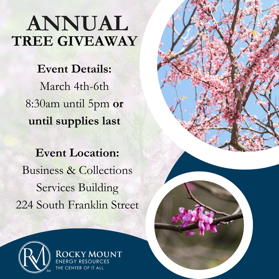 rmtpu's tweet image. Save the date for the Rocky Mount Energy Resources Annual Tree Giveaway to be hosted at the Rocky Mount Business and Collections Services building. This is a first come, first served event and trees will be given away while supplies last.

#TreeGiveaway #TreesAndUtilities