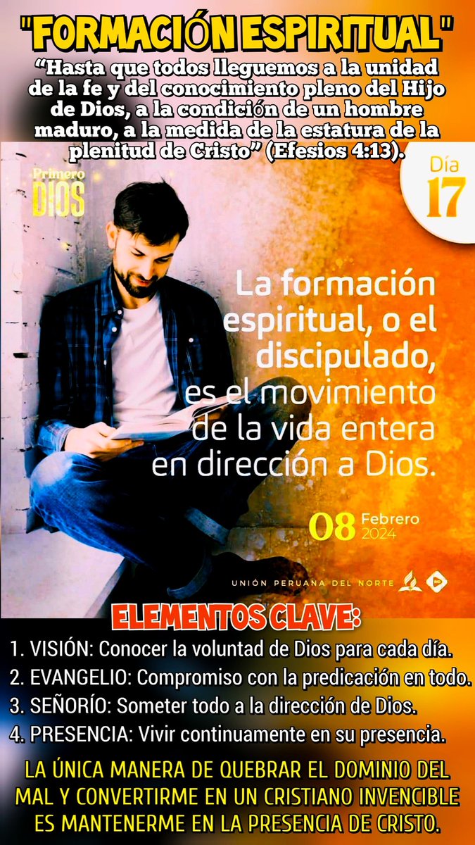 IsaiLevano's tweet photo. 📍 *DÍA 17 - SRE: "FORMACIÓN ESPIRITUAL."*
📖 “Hasta que todos lleguemos a la unidad de la fe y del conocimiento pleno del Hijo de Dios, a la condición de un hombre maduro, a la medida de la estatura de la plenitud de Cristo” (Efesios 4:13).
#PrimeroDios https://t.co/mPKLphjBIW