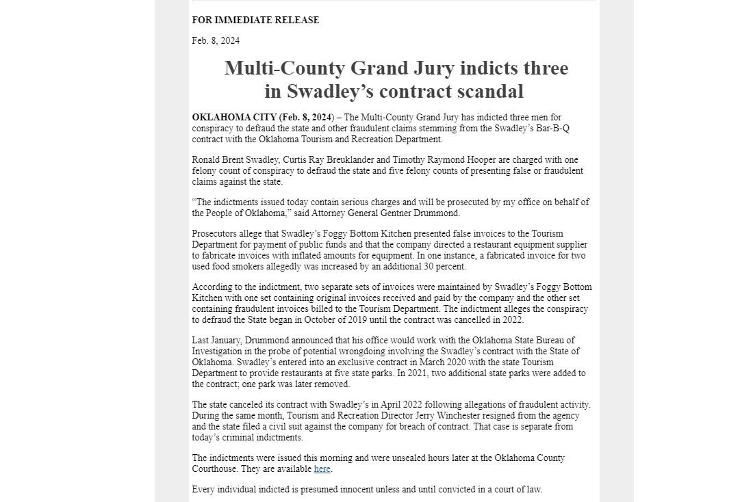 wsuares's tweet image. 🚨SWADLEY'S INDICTMENTS🚨
Ronald Brent Swadley, Curtis Ray Breuklander and Timothy Raymond Hooper are charged with one felony count of conspiracy to defraud the state and five felony counts of presenting false or fraudulent claims against the state. @OKCFOX