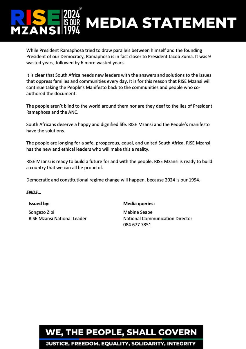#SONA24 A wasted SONA to cap 6 wasted years: The “Tintswalo” generation needs new leaders-Statement by RISE Mzansi Leader, Songezo Zibi 

#WeNeedNewLeaders 
#RegisterToVoteRISEMzansi