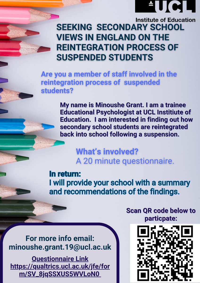 MinousheEdPsych's tweet photo. Hello, I have expanded my study to all secondary schools in Englan. This is for all Secondary staff who are involved in the reintegration process of suspended students. Its a 15-20 minute survey.  https://t.co/4AbMQg1yzU #secondaryschools #twittereps #teachers #exclusions #neu https://t.co/9E1jQ0jVfc