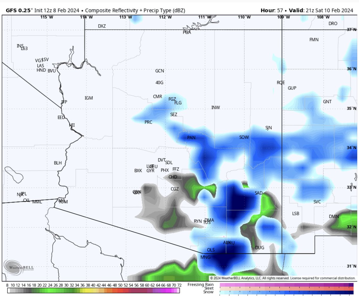 cory_kowitz's tweet photo. Future radar projections on Saturday courtesy of the GFS. ❄️👀
#tucson #azsnow #arizonasnow https://t.co/Bs30NAsKEB