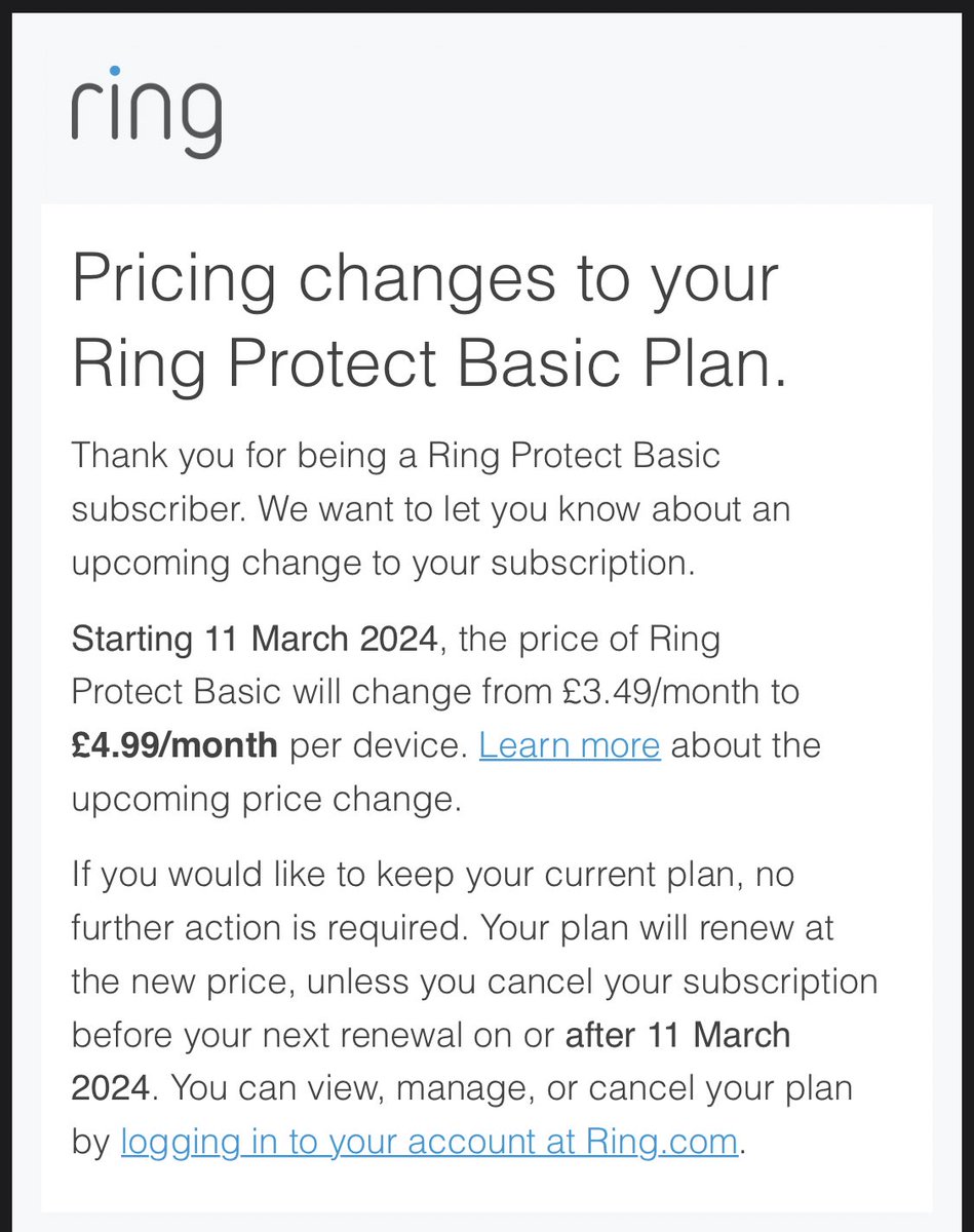 0fficially_sam's tweet photo. How is @ring justifying a 43% increase to ring protect basic plan customers… it’s a complete joke! Why the need for this price hike with no justifications or any obvious reasons… give us a free plan! #ring #ringprotect #ringripoff https://t.co/DhNgH0BOht