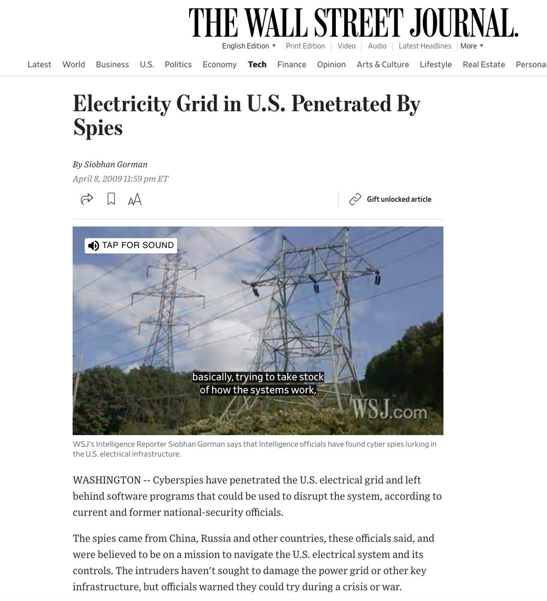 When gov warns that Chinese hackers are in US critical infra, I think, "Where have I heard this before?" In WSJ in 2009. 👇 "Authorities...found software tools left behind that could be used to destroy infrastructure.... 'If we go to war with them, they will try to turn them on'"