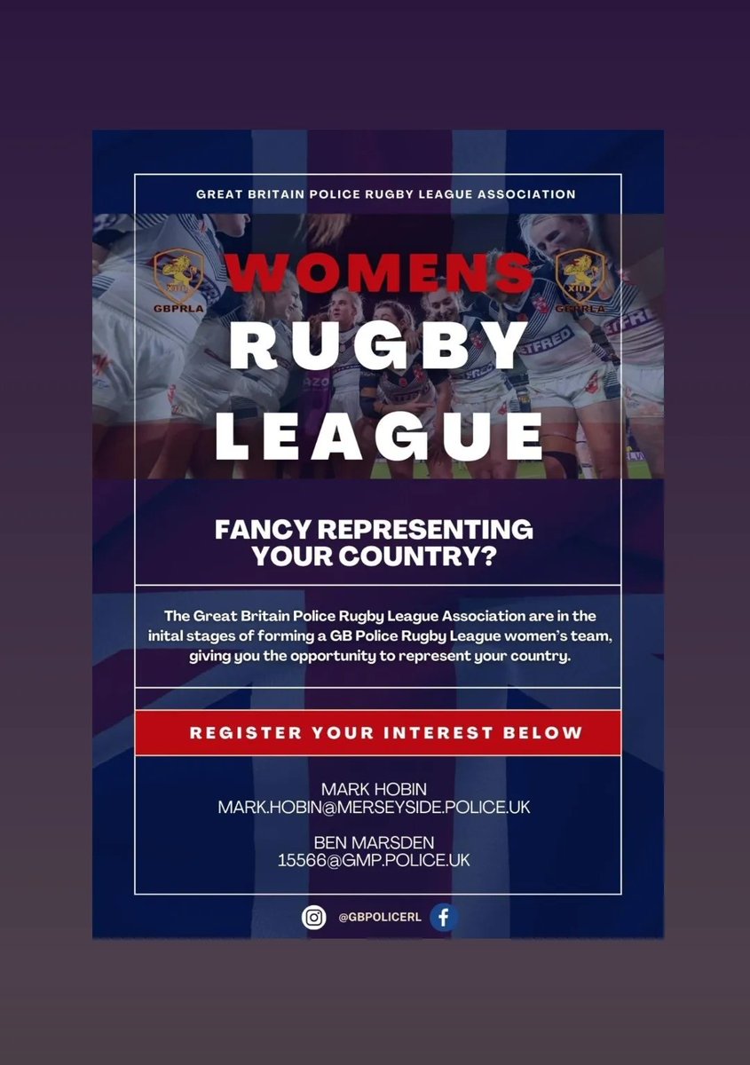 Great Britain Police Rugby League Association (@gbpolicerl) on Twitter photo We're delighted to announce that we are launching a GBPRLA Women's team if you know anyone who may be interested then please share with them or contact Mark Hobin or Ben Marsden via email 📧 which are at the bottom of the poster. 
share this far and wide exciting times ahead 🇬🇧 We're delighted to announce that we are launching a GBPRLA Women's team if you know anyone who may be interested then please share with them or contact Mark Hobin or Ben Marsden via email 📧 which are at the bottom of the poster. 
share this far and wide exciting times ahead 🇬🇧