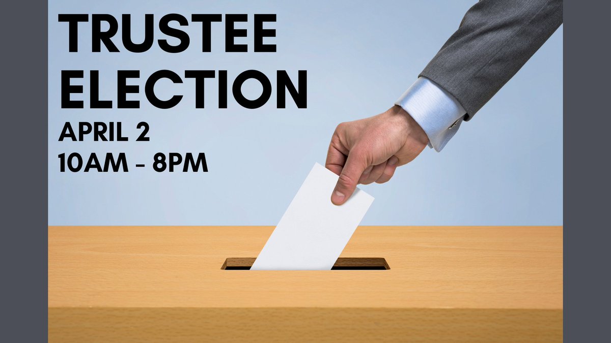 If ballot is mailed, Absentee Voter Application is due at library by 3/26. If ballot is delivered personally, Absentee Voter Application is due at library by 4/1 no later than 5pm. Completed Absentee Ballots must be received by 5pm on April 2.

Voter Registration: 3/23 10am–2pm