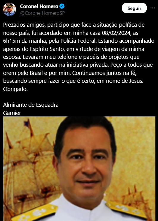BrazilenDireita's tweet photo. Inacreditável!!!
"Prezados amigos, participo que #face a situação #política de nosso país, fui acordado em minha casa 08/02/2024, as 6h15m da manhã, pela #Polícia Federal."
Almirante de #Esquadra
Garnier https://t.co/ZD3ksCfzIi