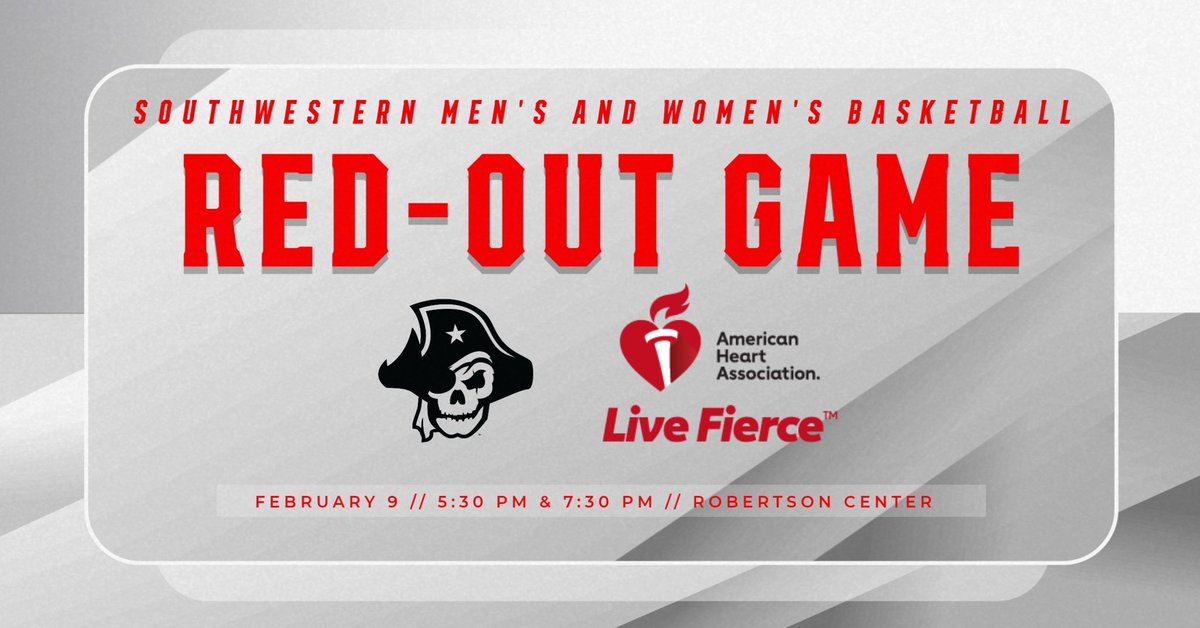 Tomorrow! Join us in the Robertson Center for the Men’s and Women’s Basketball Red-Out Game in partnership with the American Heart Association. Men Tip Off at 5:30 with the Women at 7:30 🏴‍☠️