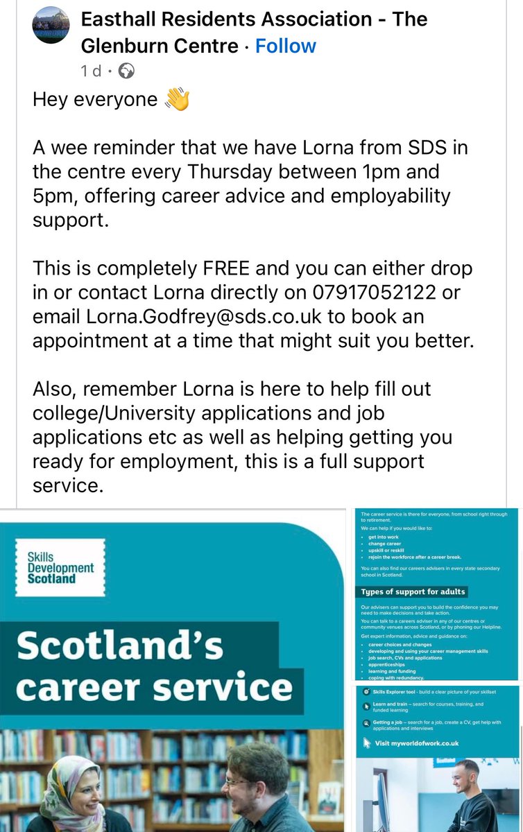 Please see 👇 @skillsdevscot supporting the community in Easthall Residents Association - The Glenburn Centre. Left school summer or Christmas 23, feel free to pop in #TowardsBetterFutures