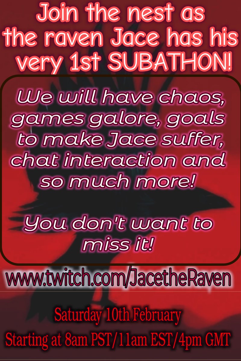 JacetheRaven's tweet photo. Hey all! For the first in forever (yes I know what I did there), we'll be having our very first subathon with so many goals and chaotic moments we'll have! We have so many CHAOTIC goals! Saturday, Feb 10th, will be when the madness will start! COME ON IN FOR THE CHAOS! https://t.co/F2Tpdtxxad