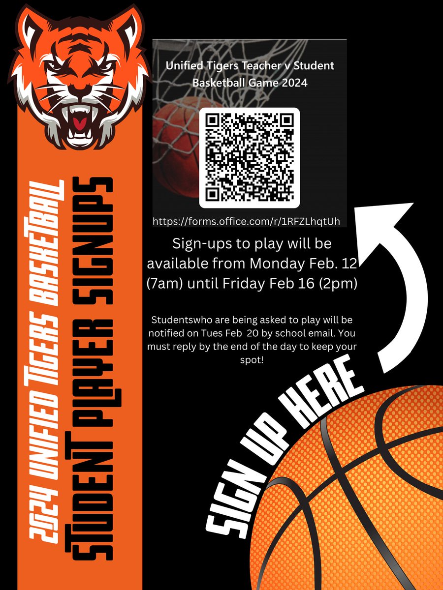 TabbHSTigers's tweet photo. Interested in playing in the Teacher versus Student basketball game at the Pep Rally on Feb 23? Check out canvas or SCA and THS social media for the interest form. The form closes Friday Feb 16 at 2pm https://t.co/sgPGMjDt5e