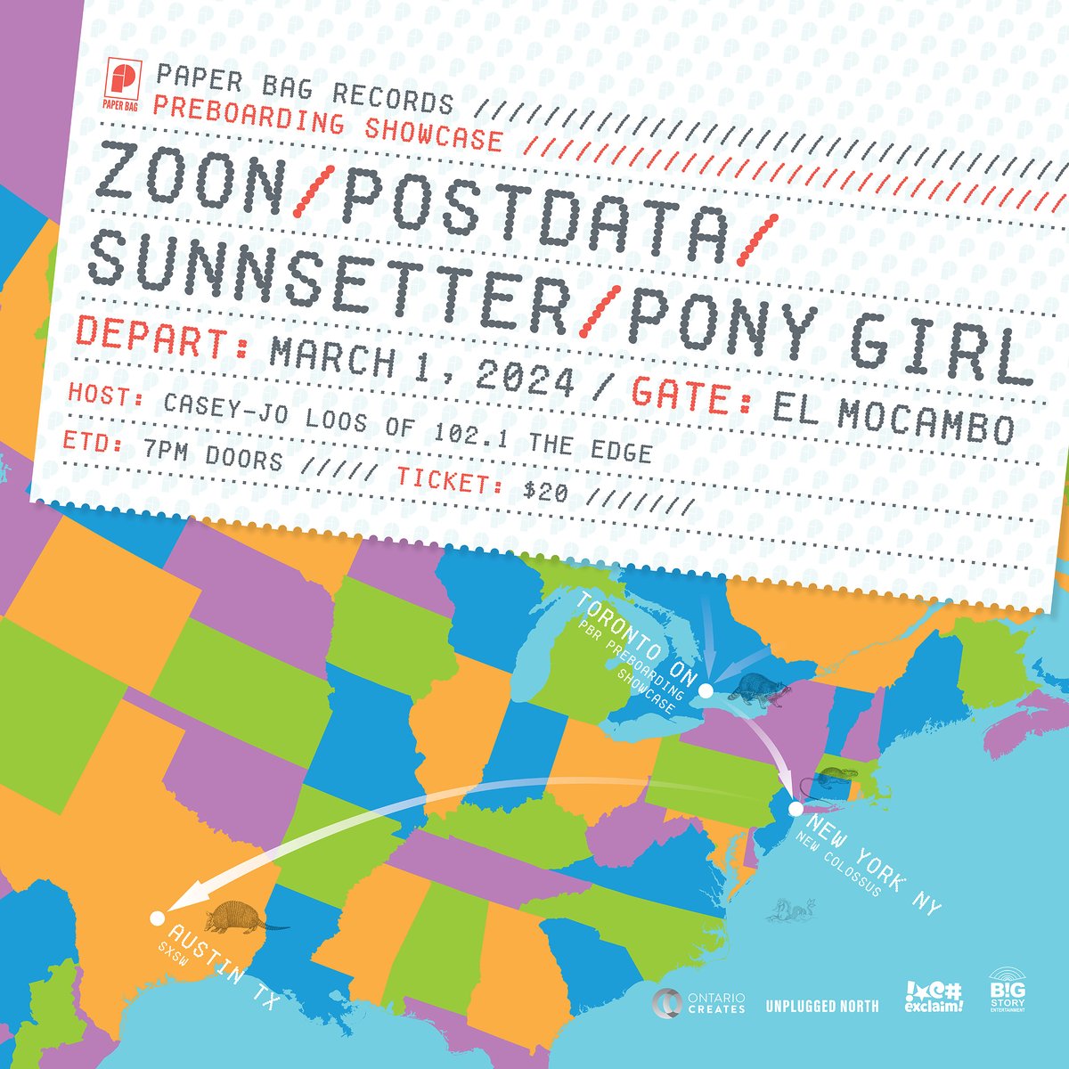 put march 1st in the cal! 📅 sooo excited to share the Paper Bag Records Preboarding showcase, featuring @zoongideewin, @thisispostdata, @ponygirlband and @Drewmcleod9! catch these artists one more time before they head to NYC + Austin!