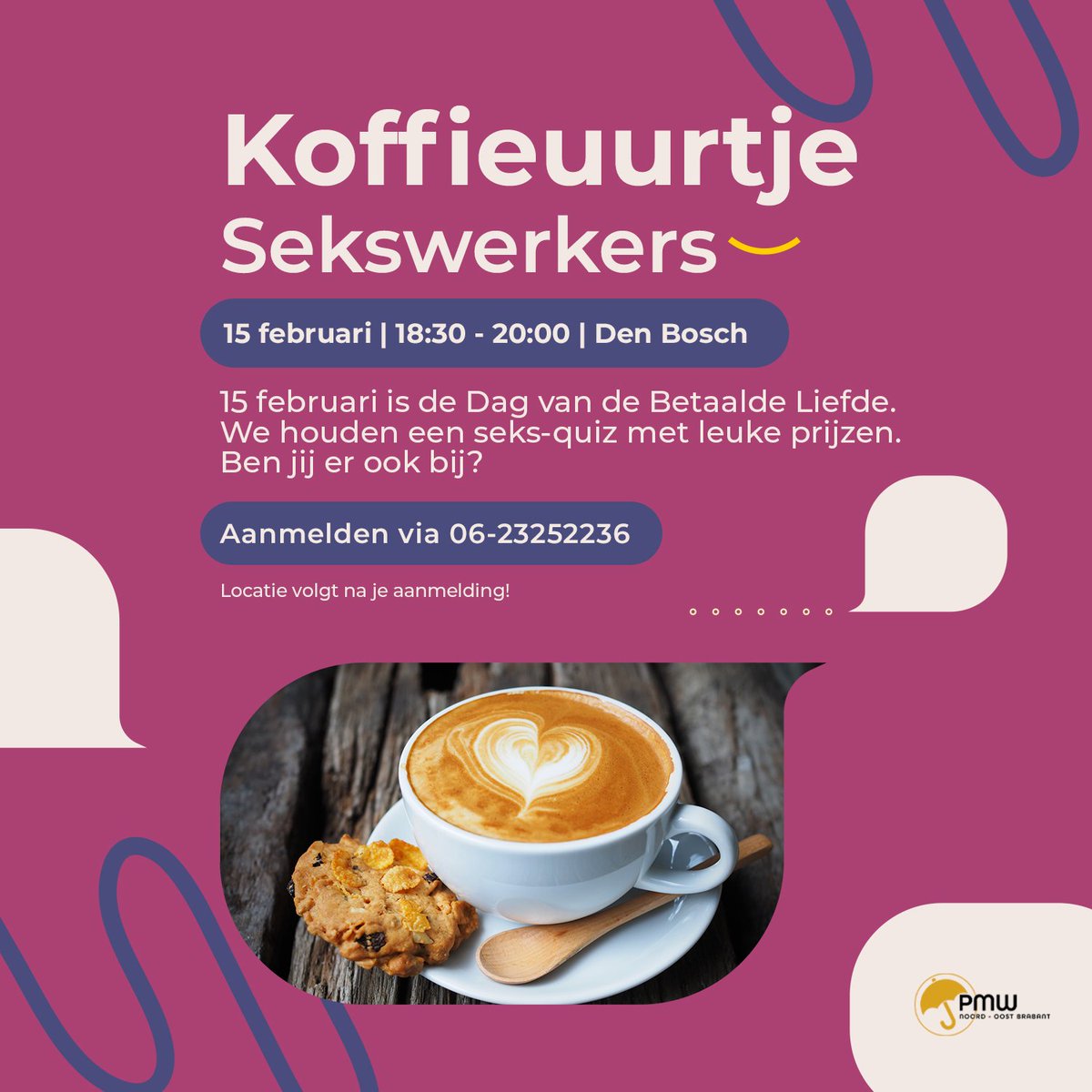 Donderdag 15 februari hebben we weer een gezellig koffie uurtje. Dit keer met een leuke quiz en prijzen omdat het de dag van de betaalde liefde is. Zien we je dan? 
#sekswerk #samen #eten #quiz