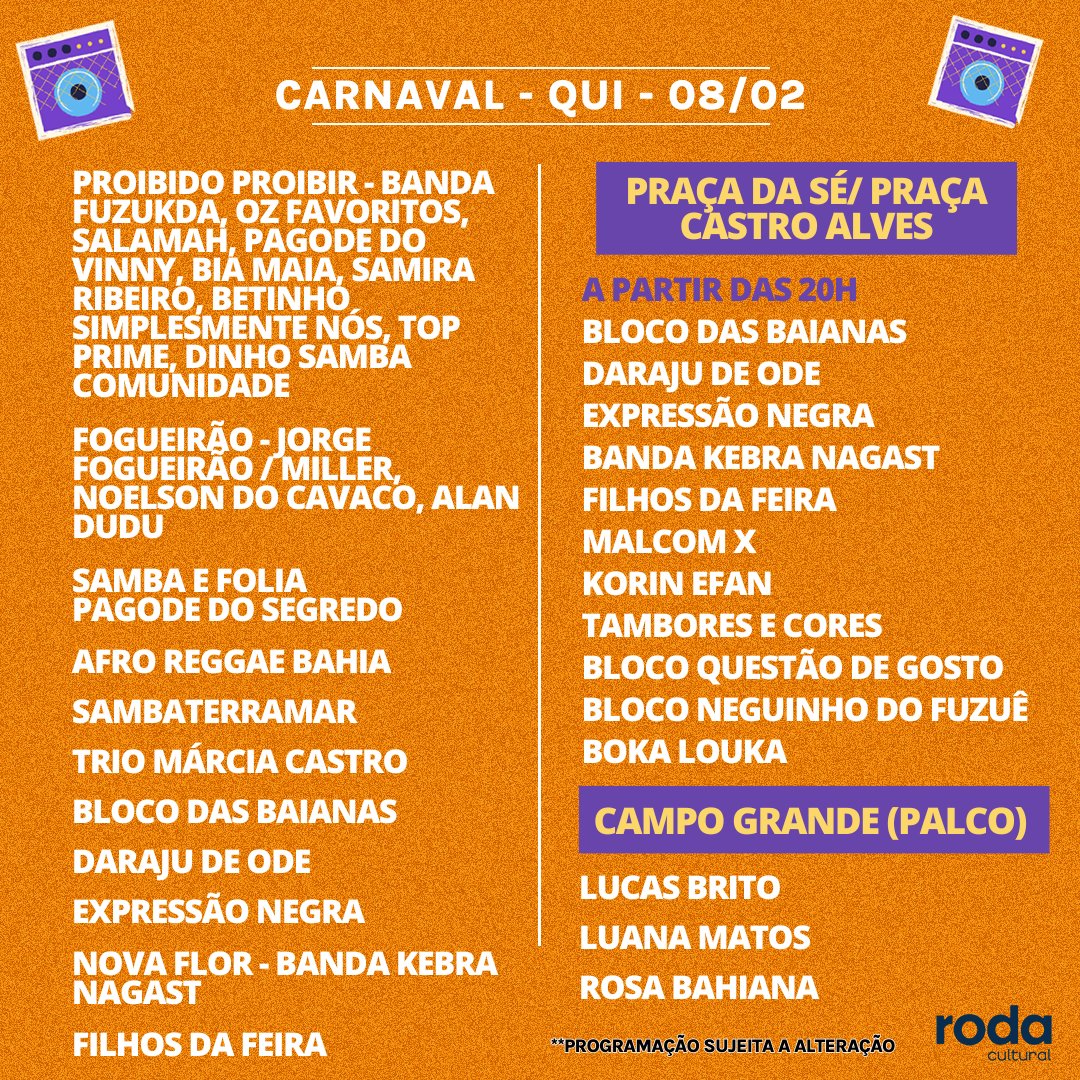 rodaculturalofc's tweet photo. E vamos curtir o primeiro dia de carnaval em Salvador! 😍🎶

⚠️ ATENÇÃO: OS HORÁRIOS DOS TRIOS NÃO FORAM DIVULGADOS!!!!

A programação está sujeita a alteração. https://t.co/eZxT8XuBDi