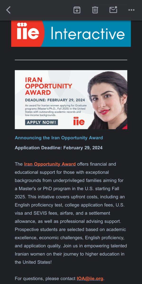 این ایمیل رو دانشگاه فرستاد؛ اسکالرشیپ برای دختران ایرانی که می‌خوان اپلای کنن برای آمریکا. دست به دست کنید خلاصه.