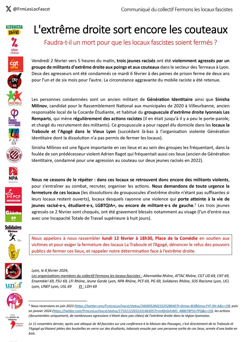 FrmLesLocFascst's tweet photo. 🔴Rassemblement unitaire face à l'extrême droite🔴
Lundi 12 février - 18h30
Place de la Comédie - Lyon
📢En soutien aux victimes de l'agression raciste du 2 février
📢Pour exiger la fermeture de la Traboule et l'Agogé
📢Rappeler notre détermination à lutter face aux fascistes https://t.co/t4zO4Ss5B1