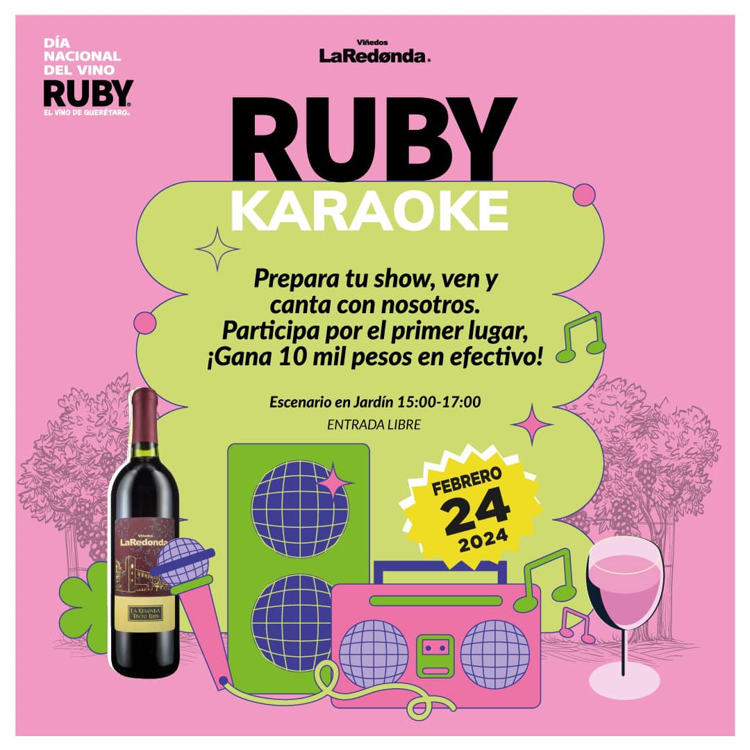 WineColorsFest's tweet image. ¡No te pierdas del Ruby Karaoke el
próximo 24 de febrero en el #RubyFest de
@vinoslaredonda!
El primer lugar ganará 10 mil pesos.😊🍷🎉
Regístrate aquí: forms.gle/8jRy4sXk2PVvVZ…