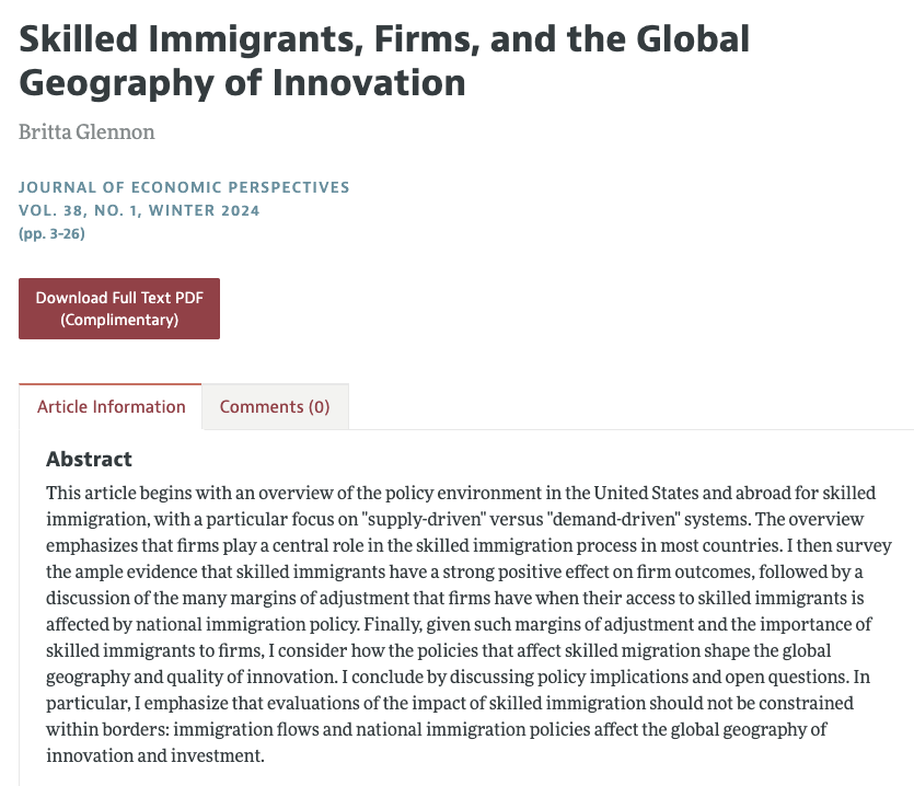 Do yourself a favor and read this article on skilled immigrants and firms by my superstar colleague @BrittaGlennon. It's a masterful summary of why firms are crucial to understanding how immigration affects our economic prosperity.