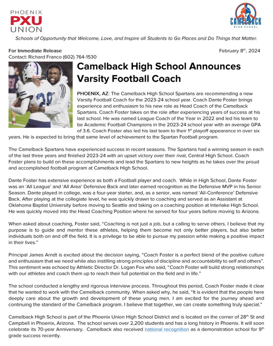 Camelback is excited to announce our selection for the position of Head Coach for  Varsity Football! Please join us in welcoming Coach Dante Foster to the Spartan family. 
<a href="/CamelbackFB/">Camelback Football</a> 
<a href="/coachdante23/">Dante Foster</a>
#CamelbackHS #MakingHistory #PXU #WeAreTheSHIELD