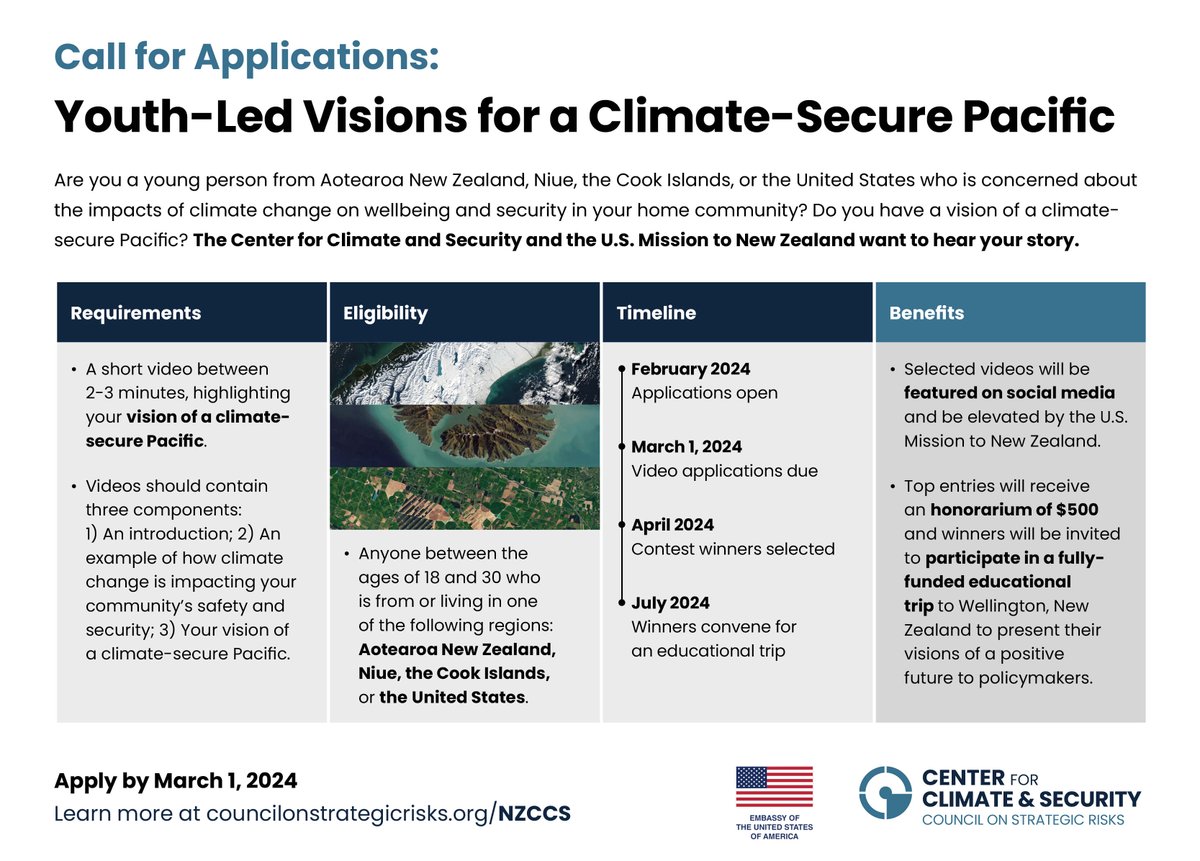 Are you a young person concerned about the impacts of #climatechange in your community? Do you envision a climate-secure Pacific? CCS and U.S. Mission to New Zealand are launching a call for youth to share their stories. Read the Call for Applications ⬇️ councilonstrategicrisks.org/nzccs/