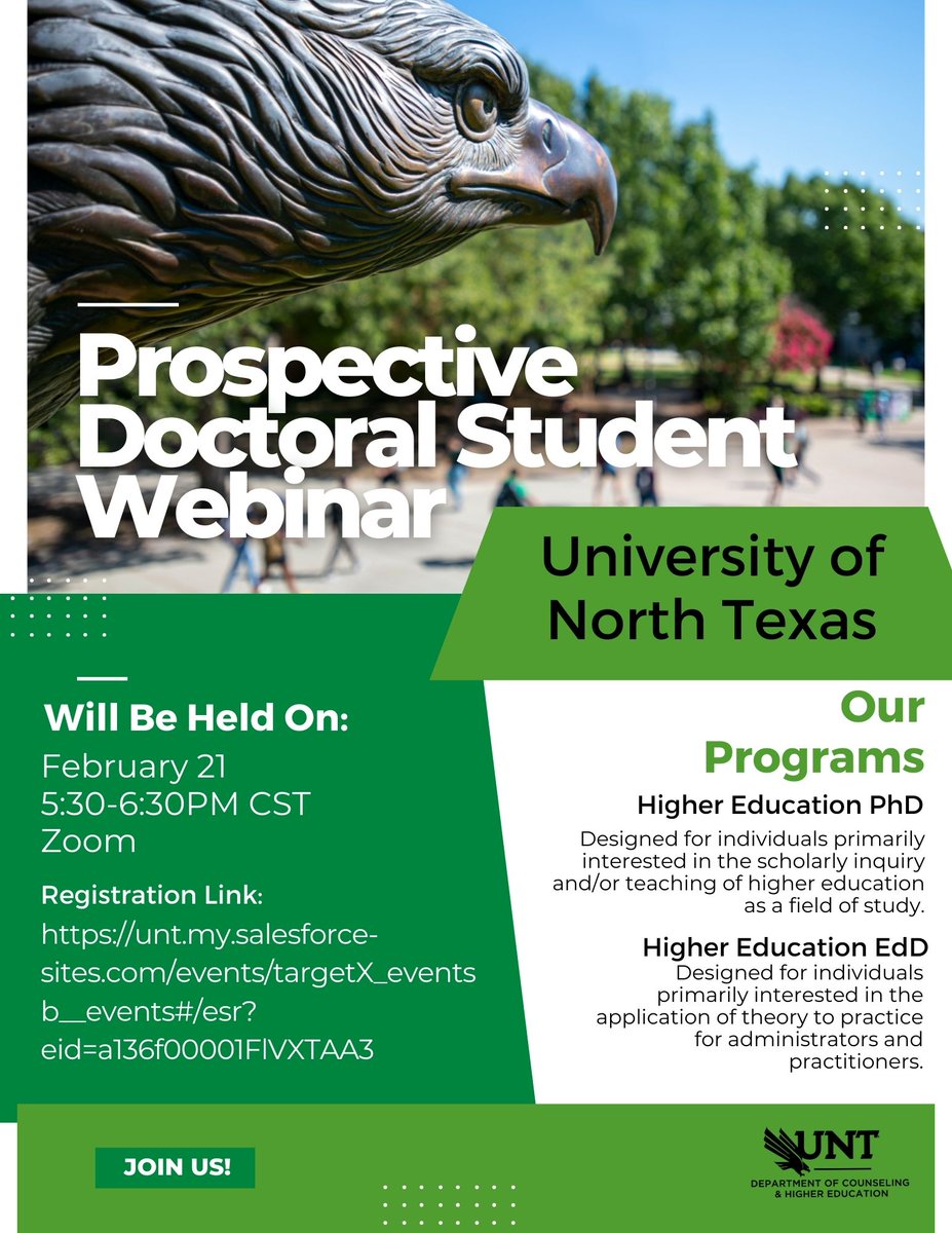 Interested in a career in higher education? Come register and hear from UNT faculty about our Doctoral Programs in higher education.