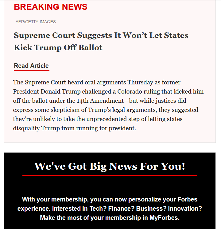 MikeChillit's tweet photo. #Supremes #Objecting to #BallotSterilization #Colorado
This is a Forbes email notice. No link, but easily googled. https://t.co/OYbY2qesrw