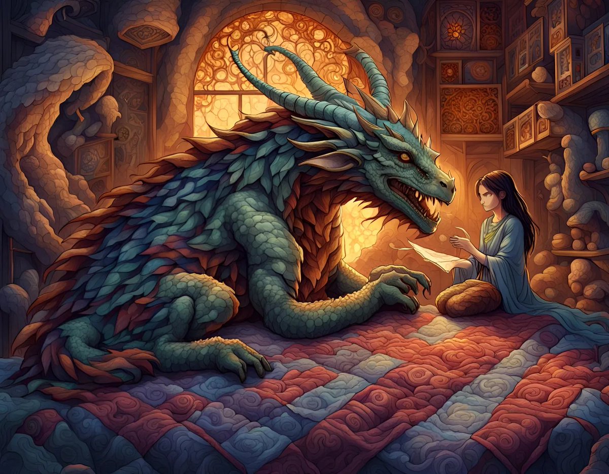 InnyBenben's tweet photo. Prompt: A lithe dragonkin darning the quilt of eternity.

Modifiers: fantasy deep color mysterious serene beautiful intricate elaborate 8K resolution dynamic lighting... [full list at link]

 - made with @NightcafeStudio

#AIArt #NighCafe #DigitalArtist 
https://t.co/fYQwcHdN28 https://t.co/6aZXUkztaU