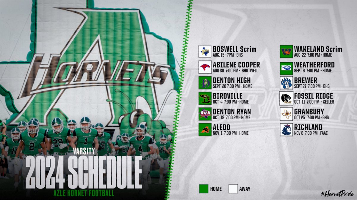 It is almost that time of year. Here is a look at your '24 Azle Hornet Football Schedule. #hornetpride