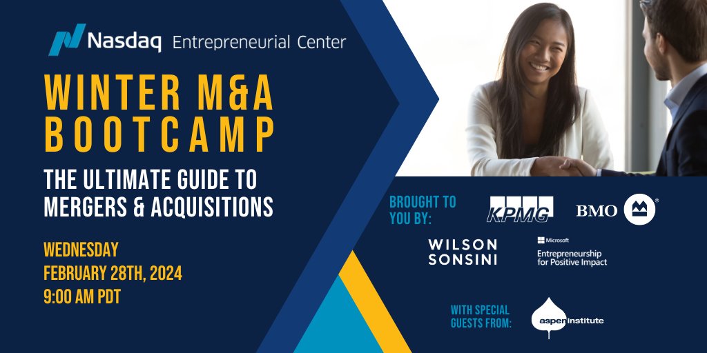 On 2/28, we'll join the @nasdaqcenter, @KPMG, @BMO, @Windows Entrepreneurship for Positive Impact, @WoodruffSawyer, and @AspenInstitute for a virtual M&A Bootcamp that will provide an update on the current mergers and acquisitions environment. Learn more: wsgr.com/en/events/2024…