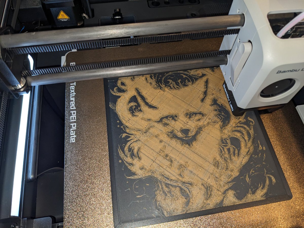 VectorRoll's tweet photo. Had what looks like under extrusion &amp; even missed a few lines at the start of the orange.
Think the humidity got to it. At least the outer winding of the spool. It's printing fine now &amp; seems to be covering it up.🤞

This #hueForge is FireFox by @cyanidesugar_
#PandaRevo https://t.co/RPqSDnfmrP