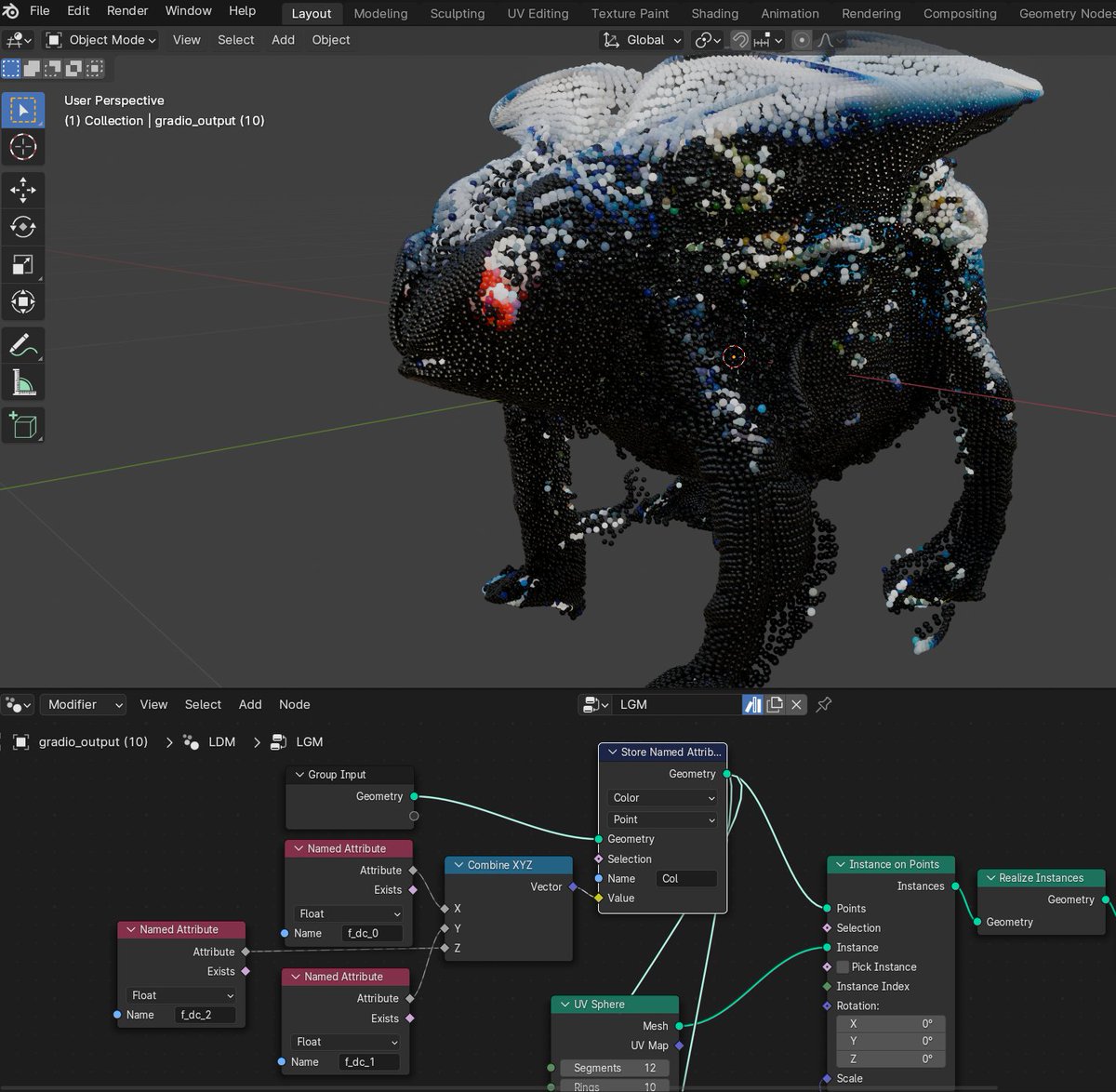 If you're trying to play around with these .PLYs in blender, make sure you have TombstoneTumbleweedArt/import-ply-as-verts addon (attaches colors to verts) and you'll need to manually map the colors (f_dc_[index]) like so: