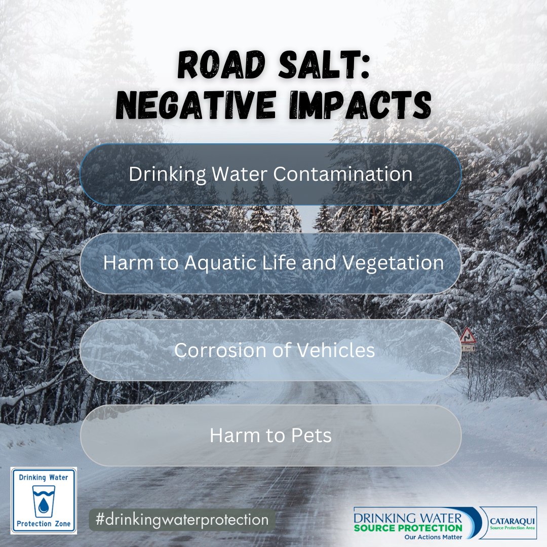 CataraquiCA's tweet photo. Were you aware of the negative impacts posed by road salt, including drinking water contamination, contamination of aquatic habitats, damage to vegetation, corrosion of vehicles and harm to pets. #roadsalt!
#sourceprotection #drinkingwater #waterwise #cataraquiconservation https://t.co/z88aOiIyGz