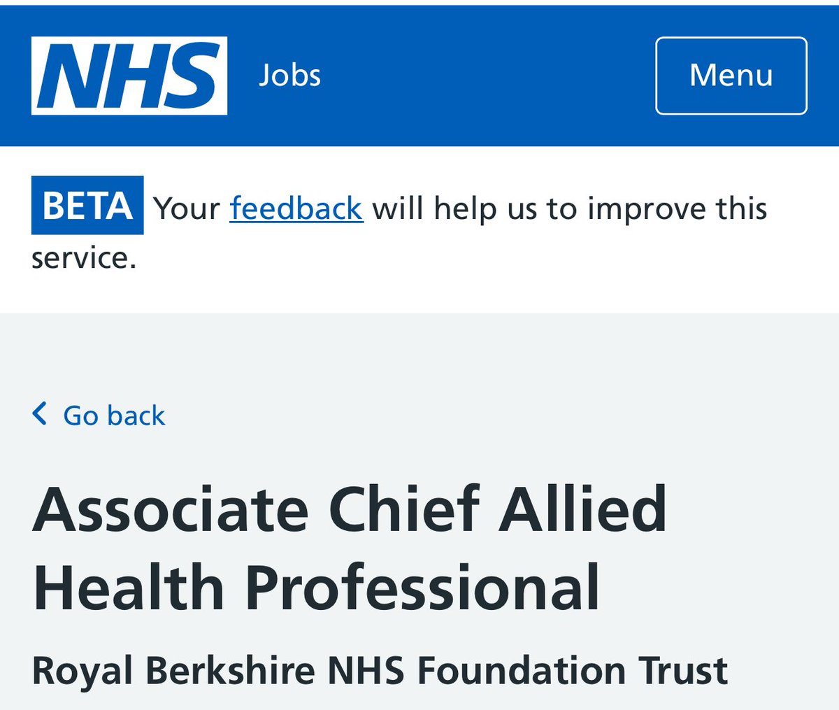 🚨#AHP leadership opportunity

🆕Associate #ChiefAHP <a href="/RBNHSFT/">Royal Berkshire NHS Foundation Trust</a> 

📑Salary AfC 8d

📑F/T, permanent

⏰ 25.2.24

👀👉jobs.nhs.uk/candidate/joba…

<a href="/WeAHPs/">WeAHPs 💙</a>