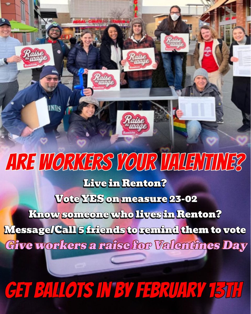 Give workers a raise of Valentines Day 💝 Vote YES on 23-02 in Renton by February 13th 🗳️
#Renton #Yeson2302 #RaisetheWage