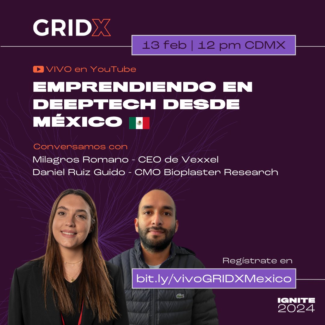 🚀¡Conoce al fondo de inversión que combina ciencia y negocios!
En IGNITE unimos científicos con potenciales CEOs para que creen empresas y transformen ciencia en impacto. Conoce la experiencia de nuestros/as emprendedores/as y cómo puedes formar parte👇 bit.ly/vivoGRIDXMexico