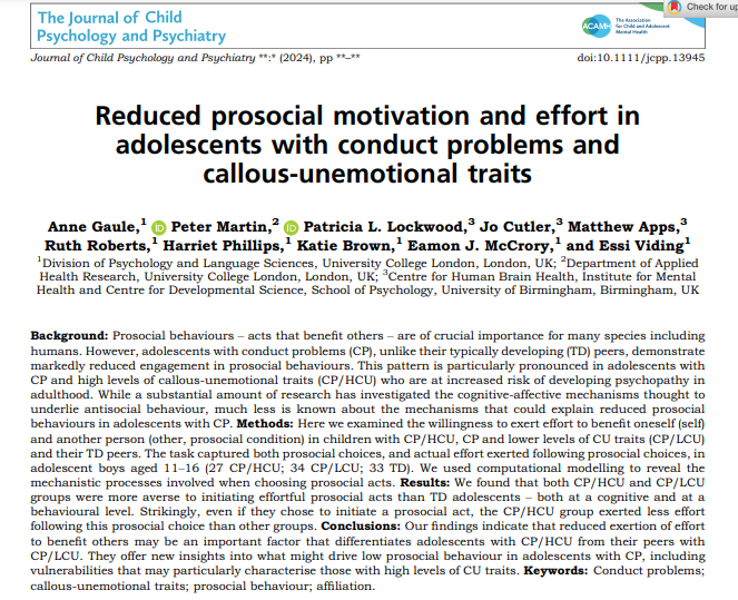 Really happy to share our new paper, just out in @TheJCPP w/ @thepsychologist @DrJoCutler @brain_apps & others not on Twitter, we found that adolescent boys with conduct problems and high callous-unemotional (CU) traits demonstrate notably reduced effort to help others