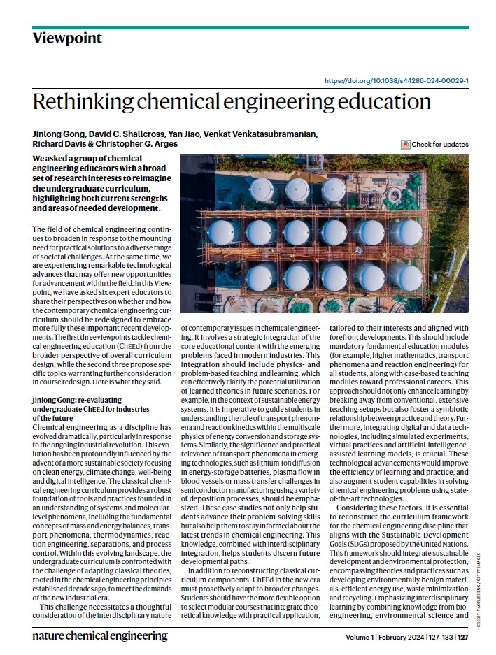 Our Viewpoint on rethinking undergraduate chemical engineering education is now online!

We asked 6 leading educators to reimagine undergraduate curricula in response to the ongoing expansion of the field and numerous rapid technological advances.

nature.com/articles/s4428… (🔓)