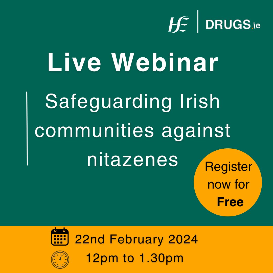 In response to the emergence of #Nitazenes on the Irish drug market, we will host an online event 'Safeguarding Irish Communities Against Nitazenes' for frontline service providers on the 22nd of February at 12:00pm - 1:30pm. Register here: zoom.us/webinar/regist…