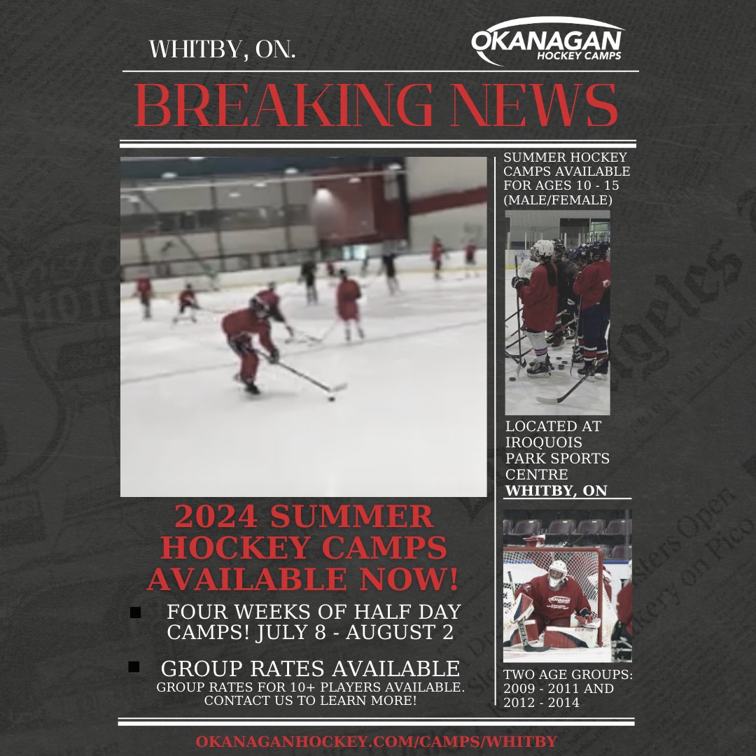Join Okanagan Hockey Ontario this summer at the Iroquois Park Sports Centre for 4️⃣ weeks of half day camps, starting July 2024! 🏒 🥅  

Complete Details and Registration HERE: bit.ly/45sY6Oe

Contact us about our group rates at paulpascuzzi@okanaganhockey.com