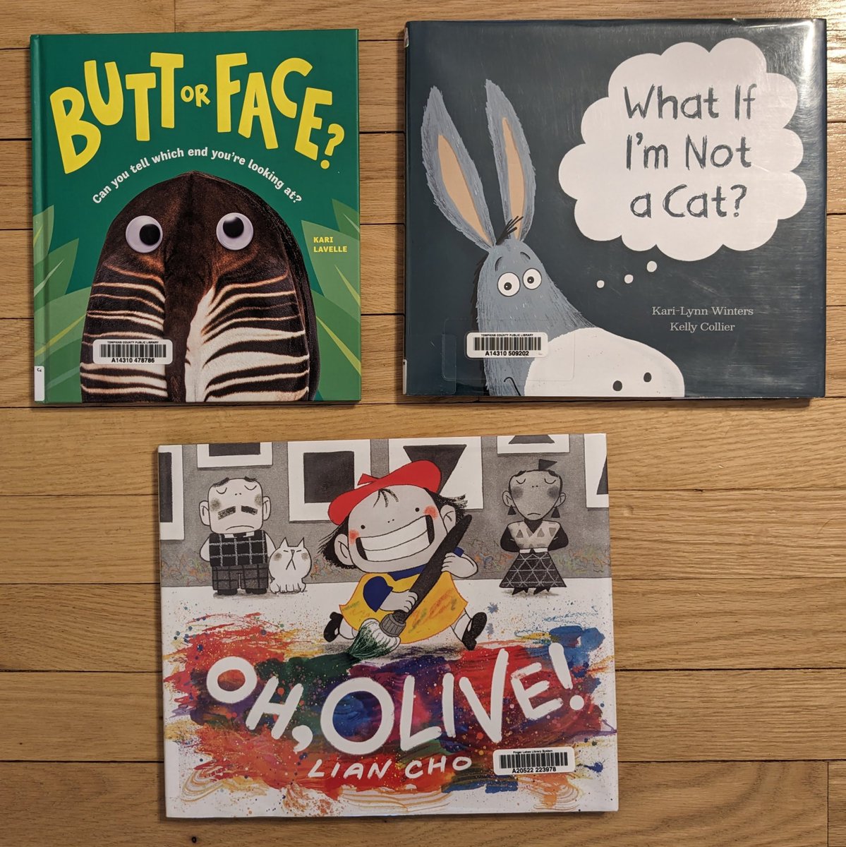 Getting back to #library haul #picturebooks #kidlit These were from Jan. Butt or Face? - @KariALavelle What If I'm Not a Cat - @KariLynnWinters & @collierK_ Oh, Olive! - @liantomato