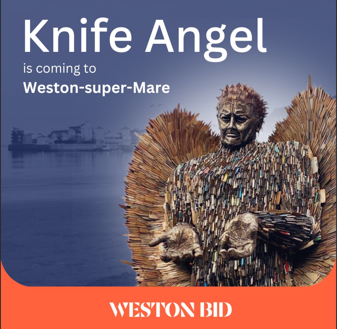 The poignant Knife Angel comes to Weston this May. Crafted from 100,000 surrendered knives, this 27-feet-tall poignant sculpture honours victims of knife crime & reminds us of violence's impact. Find out more about Knife Angel’s visit: saferstrongerns.co.uk/our-services/v… #KnifeAngel