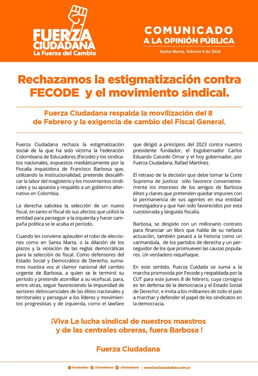 Enérgicamente rechazamos la estigmatización en contra de FECODE. Nuestro apoyo en la defensa de la democracia y el respeto de la voluntad popular. ¡Fuera el nefasto Barbosa y todo lo que representa! Nuestro comunicado de hace dos días.