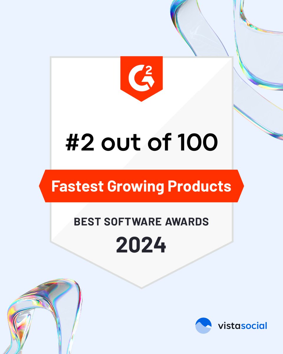 vistasocialapp's tweet photo. @G2dotcom  has named Vista Social # 2 out of 100 in the fastest-growing products! 🏆

What an honor it is to stand next to industry-leading software like @clickup, @salesforce, @google, and @microsoft.

HUGE thank you to our passionate community, we wouldn't be here today without you all. 💙

#VistaSocial #socialmediamarketing #techcompany #digitalamarketing