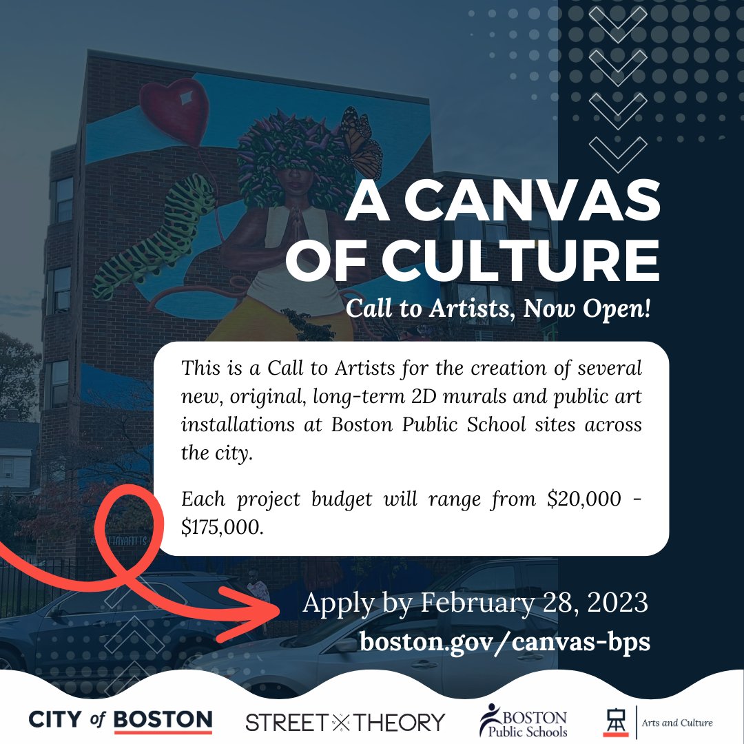 We're looking for artists to create public art for Boston Public Schools! 🏫🎨 Application deadline: Wednesday, February 28, 2024 Learn more: boston.gov/canvas-BPS