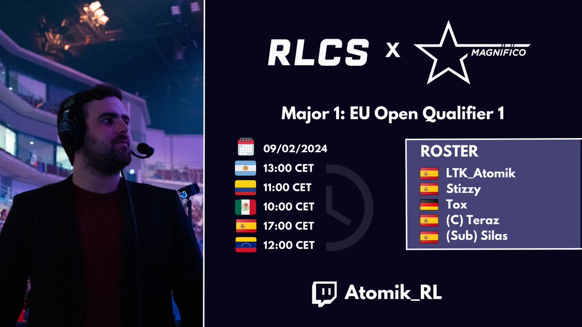 Mañana estaré casteando el suizo de <a href="/Magnificorl/">Magnifico</a> en el primer Open Qualifier de la temporada de #RLCS. Junto a @MendoCaster y <a href="/Juande_RL/">Juande</a> vamos a pasar lista en el chat, así que os esperamos💪🇪🇸

🕐17:00
📺twitch.tv/atomik_rl