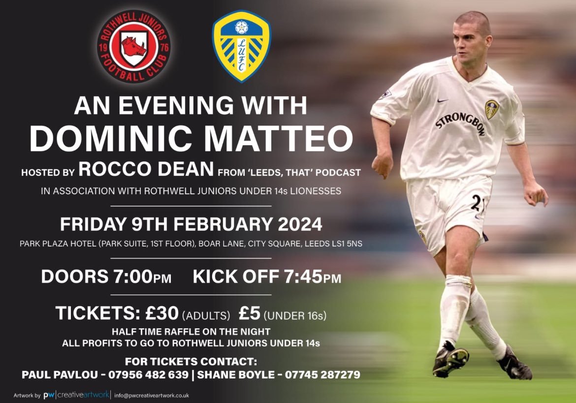 Tomorrow night @roclufc is hosting an evening with @Dominicmatteo21. Come on down! All to support Rothwell Juniors - @RJFC1976 #lufc